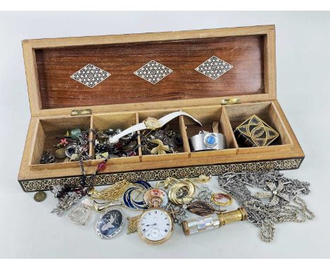 ASSORTED COSTUME JEWELLERY comprising gold plated open faced pocket watch, cuff bangle, various beads, rings, chains, ladies 