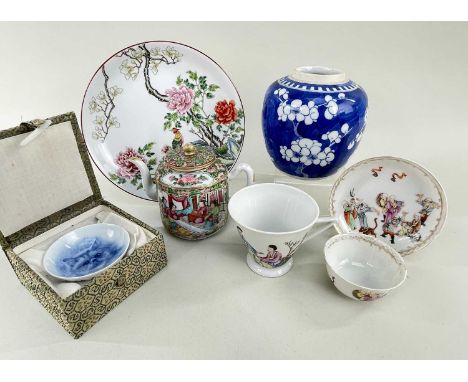 GROUP OF CHINESE PORCELAINS, including blue & white 'hawthorn' jar base with later 4-character Kangxi mark 12.5cm h; 19thC Ca