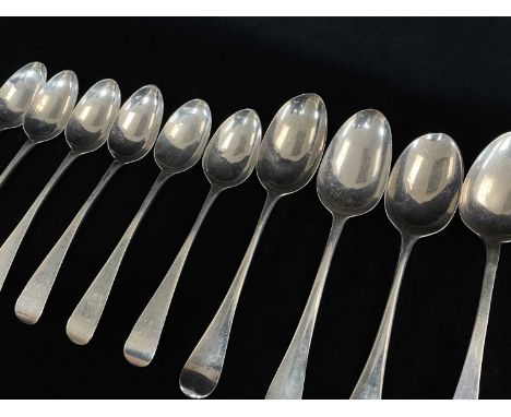 ASSORTED ANTIQUE SILVER SPOONS, including set of six Scottish George III dessert spoons, Edinburgh 1801, engraved with initia