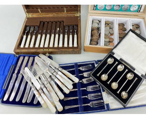 ASSORTED BOXED CUTLERY including Mappin &amp; Webb mother-of-pearl fruit knives and forks (part set), plated set of gateau fo