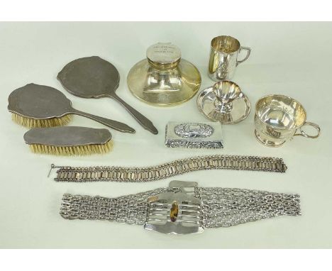 ASSORTED SILVER &amp; PLATE, including GV capstan inkwell, GV christening cup engraved with chickens, 1960s silver back brush