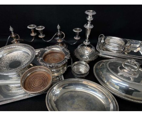 ASSORTED ELECTROPLATED TABLEWARES, including modern Wilkens 5-light candelabrum, pair three branch candelabra, single candles