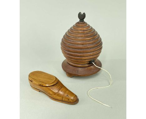 TREEN BEEHIVE STRINGBOX &amp; SHOE SNUFFBOX the hive on three feet, the shoe as a gent's brogue (2)box 10cm h., snuff 8.2cm
