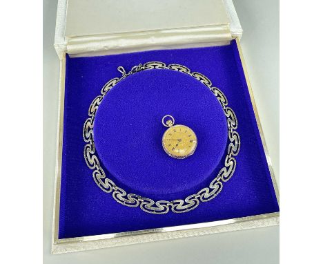 VICTORIAN 9CT GOLD FOB WATCH &amp; SILVER NECKLACE, watch with floral chasing 29mm diam, the boxed fancy link necklace stampe