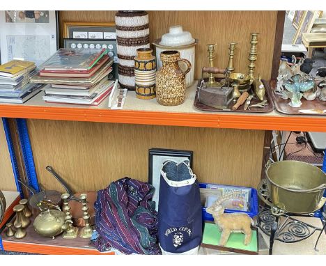 CHARITY LOT: ASSORTED DECORATIVE ORNAMENTS, COLLECTIBLES &amp; A WRISTWATCH, including heavy copper sauce pans, brass candles