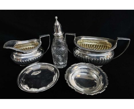 ASSORTED SILVERWARES, including pair of Edward VII half fluted sugar bowl and milk jug, Sheffield 1902, cut glass sugure cast