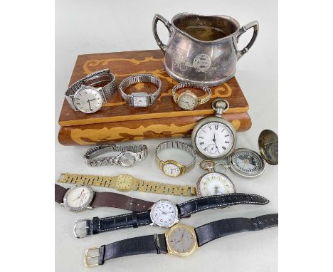 ASSORTED POCKET &amp; WRISTWATCHES comprising silver (800) and enamel open faced pocket watch, Elgin railroad style open face