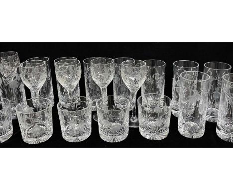 PART SUITE OF FLORAL ENGRAVED GLASS TABLEWARE, including 10x white wine, 1x red wine, 10x highball, 7x tumbers (28)