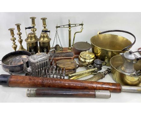 INTERESTING GROUP OF METALWARE, including a ships wooden and brass pulley block stamped 'R Gibbs Boatbuilder Hull', brass sca