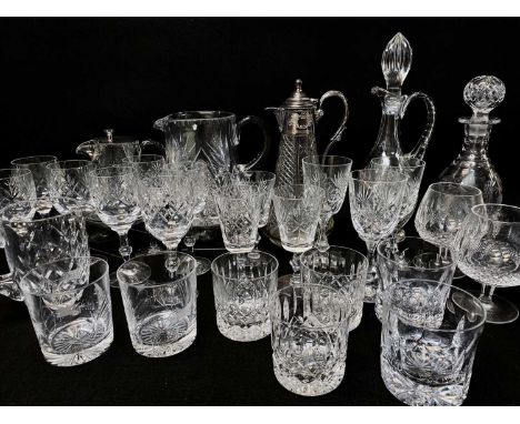 ASSORTED CUT CLASS TABLEWARE, including electroplate mounted claret jug, various decanters and water jugs, suites of wine gla