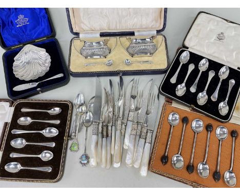 ASSORTED BOXED SILVER SPOONS &amp; TABLEWARE, including set 6 coffee bean spoons, set 6 trefid coffee spoons, pair half flute