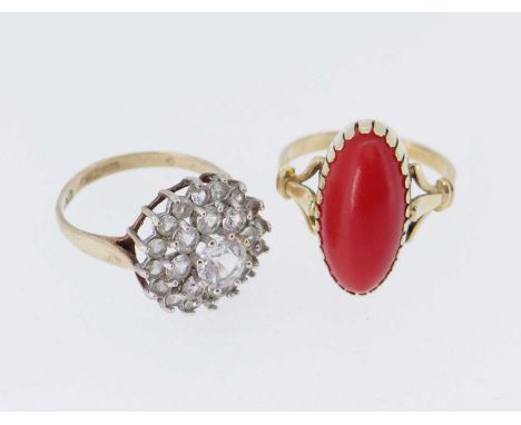 TWO GOLD RINGS comprising 18ct gold coral cabochon ring, (3.7gms), ring size N, together with 9ct gold cluster ring set with 