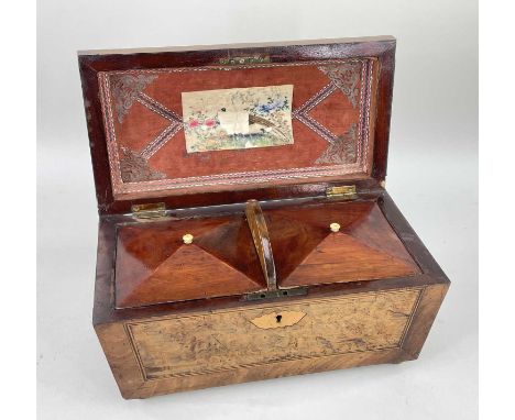 GEORGE III BURR WALNUT TEA CADDY, sarcophagus form, ebony & boxwood strung panels, lid lined in velvet, embossed paper and Ch