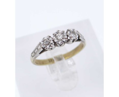 18CT GOLD & PLATINUM THREE STONE DIAMOND ILLUSION SET RING, ring size L, 2.1gms, in J. J. Lewis of 54A King Street Carmarthen