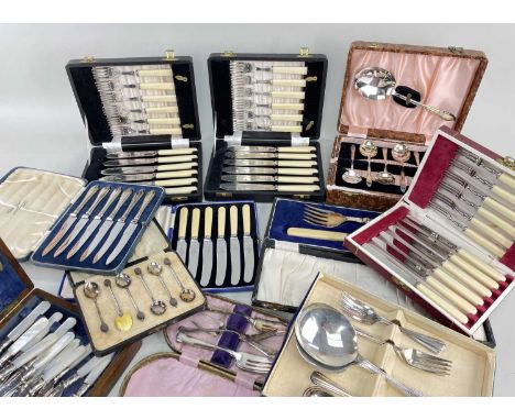 ASSORTED BOXED TABLEWARE, mostly electroplated, but including set of silver and eneamel coffee bean spoon,s (chips), set of s