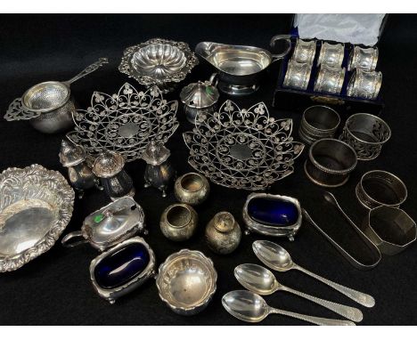 ASSORTED SILVER TABLE CONDIMENTS, BONBON DISHES &amp; NAPKIN RINGS, including a number boxed set of sixe napkin rings, two re