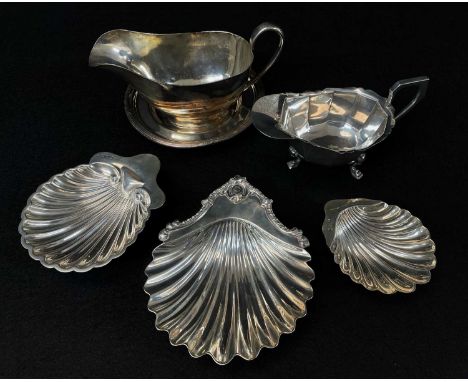 THREE SILVER SCALLOP SHAPED BUTTER DISHES including Victorian dish, Richard Sibley, London 1843, with gadrooned acanthus edge