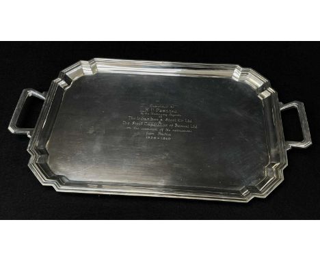 INDIAN STERLING SILVER PRESENTATION TEA TRAY, Hamilton &amp; Co, Calcutta, engraved inscription dated 1949, 80ozt, 55cm wide