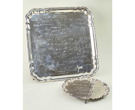 TWO PRESENTATION PLATTERS, comprising an Indian plated square salver engraved with signatures of workers from the Indian Iron