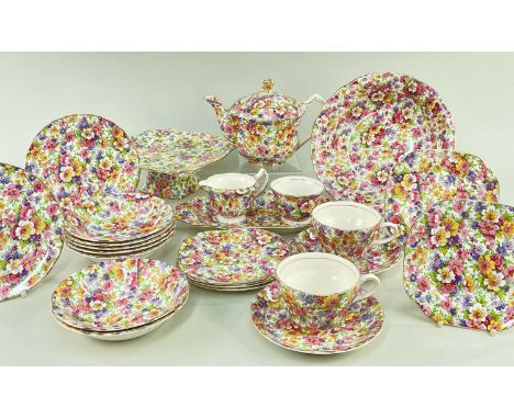 JAMES KENT LIMITED 'OLD FOLEY DU BARRY' PATTERN CHINTZ TEA SERVICE including tea pot, milk jug, sugar basin, two tea cups, sa