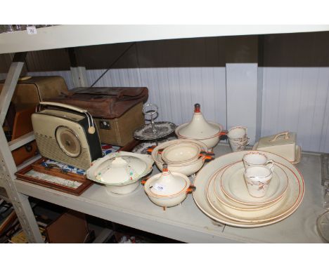A quantity of Modern Whieldon dinner ware; two wooden trays; a Bush vintage radio, two cases etc.