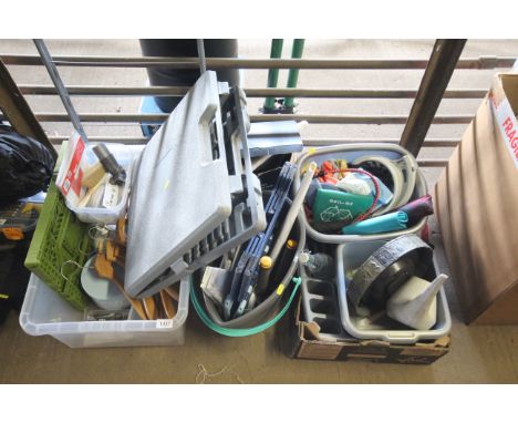 A large quantity of miscellaneous items to include watering can, plastic drain rack, folding steps, garden hand trowel, coat 