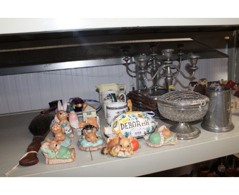 A collection of various silver plated ware to include candelabra, trays etc. together with a quantity of various Pendelfin fi