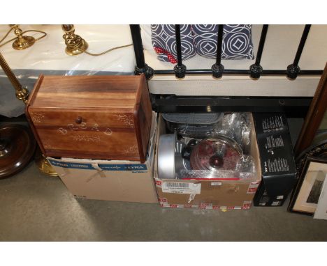 Two boxes containing various kitchenalia to include a Stowe Green bread bin etc.