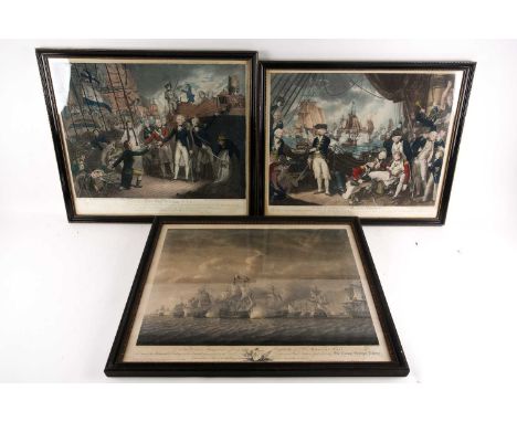 After Daniel Orme, 'To His Majesty', a coloured engraving depicting Lord St. Vincent's victory of Admiral Nelson boarding the