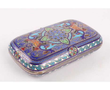 A late 19th century Russian silver and champlevé enamel cheroot case of rounded, rectangular hinged form, decorated a vacant 