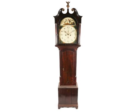 A George III mahogany longcase clock, the painted arch dial with subsidiary seconds and date dials, with eight day movement, 