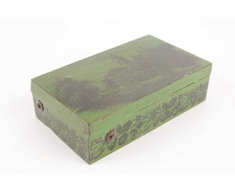 A 19th century Nicole Freres cylinder music box number 12620 playing two airs? Housed in a green and black lithographed tin c