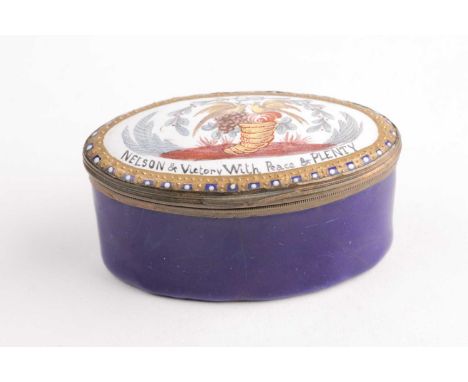 A late 18th / early 19th century Admiral Nelson Bilston enamel patch box, of elongated oval form in cobalt blue, the hinged c