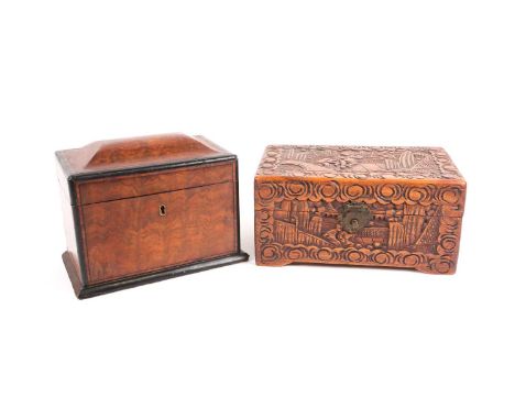 A Victorian walnut veneered tea caddy, with tulipwood and ebony crossbanding and stringing, with a slightly domed top, the in