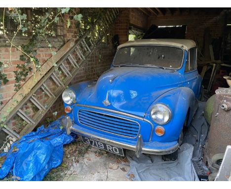A 1961 blue Morris Minor Tourer motor car, Registration: 3719 RO. Barn find. Currently SORN. 948 cc. Odometer showing 4,354 m