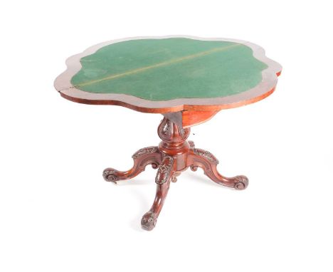 A Victorian walnut veneered card table, circa 1860, on a carved bulbous stem on four carved legs with white ceramic casters, 