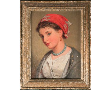 Late 19th-century continental School, a portrait of a young girl wearing a red headscarf, oil on canvas, 20.5cm x 15cmConditi