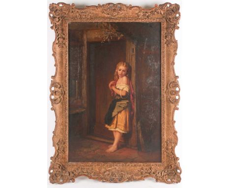 Alfred Josiah Rushton (1864-?), a full-length portrait of a young girl standing in a doorway, oil on canvas, signed to lower 