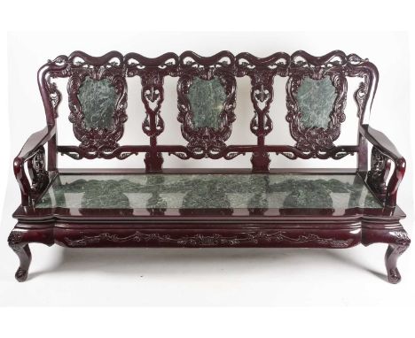 A contemporary Chinese hardwood and marble inlaid three-seater sofa, with relief moulded decoration, 176 cm wide x 93 cm high