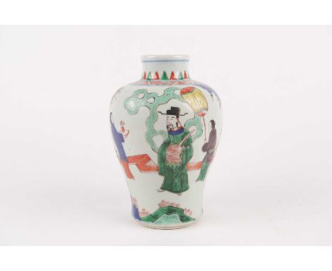 A Chinese wucai vase, Shunzi, mid 17th century, painted with an emperor holding a Hu and with two attendants, in a fenced gar