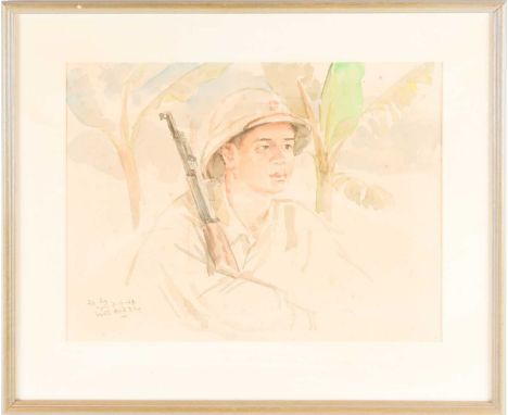 Vietnam War artist, portrait of a North Vietnam soldier, a rifle resting on his shoulder, signed and dated 7/6/64, 32cm x 43c