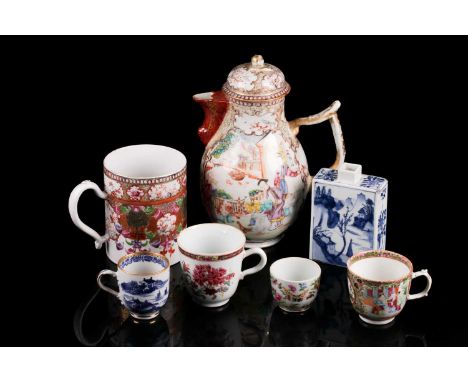 A Chinese Qianlong, famile rose porcelain cylindrical porter mug with vignettes of roosting finches amongst diaper and karaku