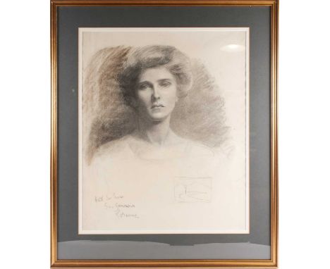 Early 20th-century school, a head and shoulders portrait of a woman, pencil and chalk on paper, indistinctly signed, 64.5 cm 