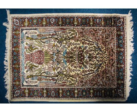 An old, Indian, Isfahahan style silk on silk prayer rug with flowering censer filled hipped mihrab with a hanging lantern on 