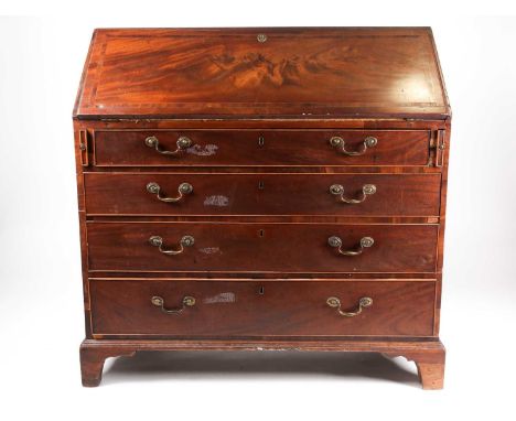 A George III mahogany bureau, the slope with crossbanded decoration and stringing, with fitted interior, above four long grad