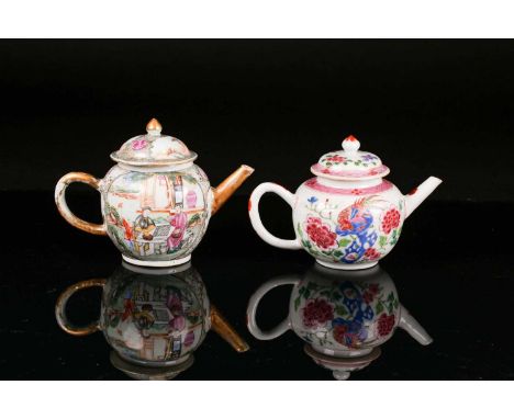 A Chinese Qianlong famille rose porcelain bullet-form teapot and cover, painted with reserves of figures seated at gaming tab