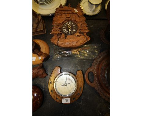 Cuckoo clock, barometer (A/F), and wooden wine rack