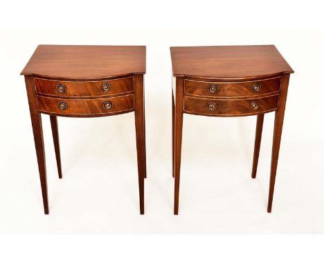 BEDSIDE/LAMP TABLES, a pair, George III design flame mahogany each bowfronted and boxwood strung with two drawers, 46cm x 36c