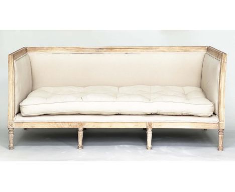 SOFA, French Louis XVI style bleached cherrywood framed with neutral natural upholstery with buttoned cushion and carved flut