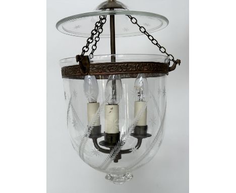 HALL LANTERN, engraved bell jar with triple light pendant and cover. 